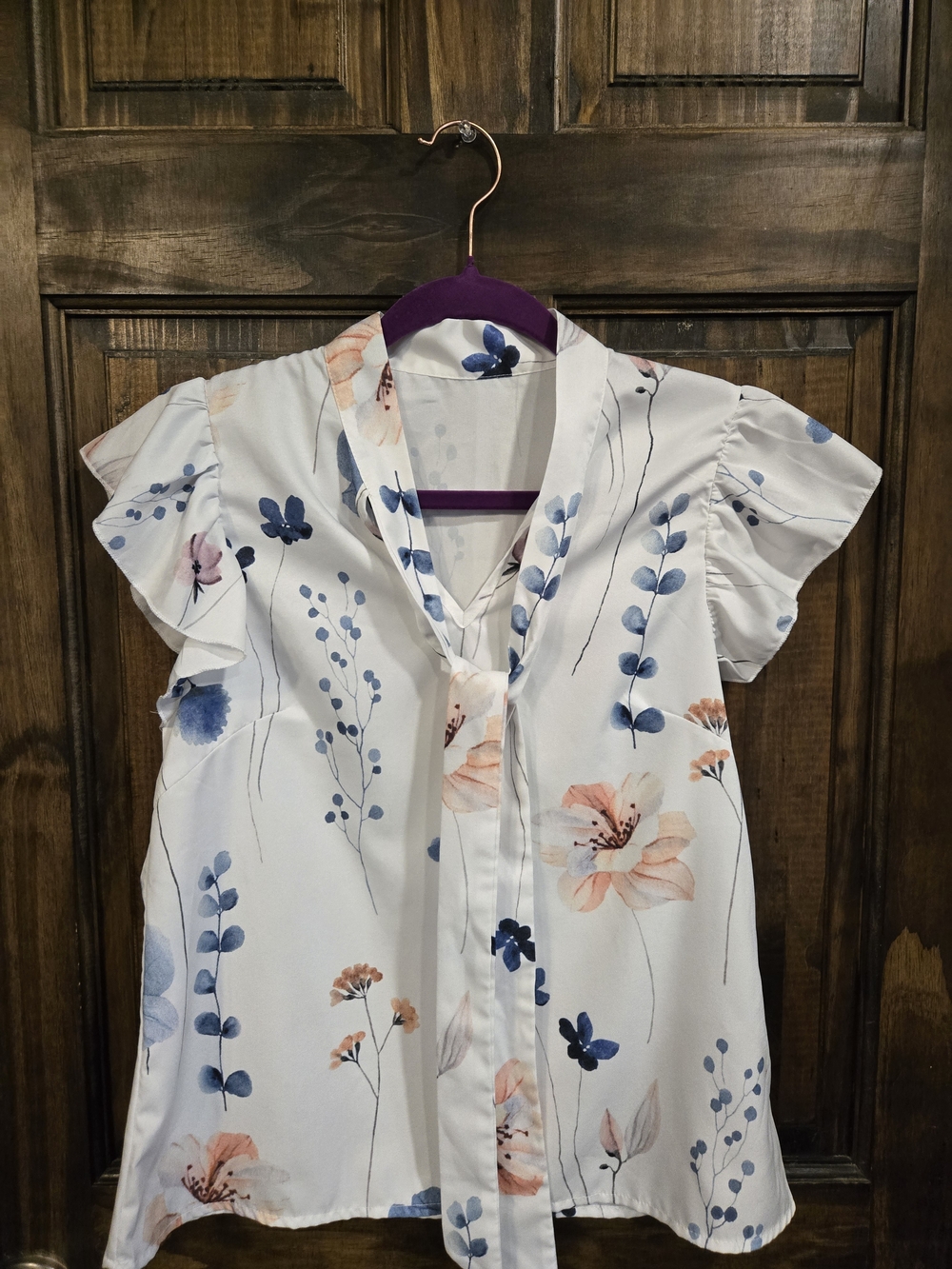 SHEIN White Floral Tie-Neck Blouse with Blue and Peach Flowers